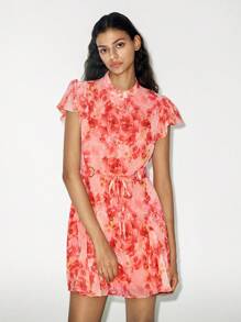 Lumivelle Women's New Summer Layered Ruched Print Mini Halter Neck Dress