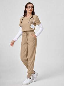 TaskEZ 2pcs Scrub Uniform Set, Loose Fit Short Sleeve Top And Drawstring Pants