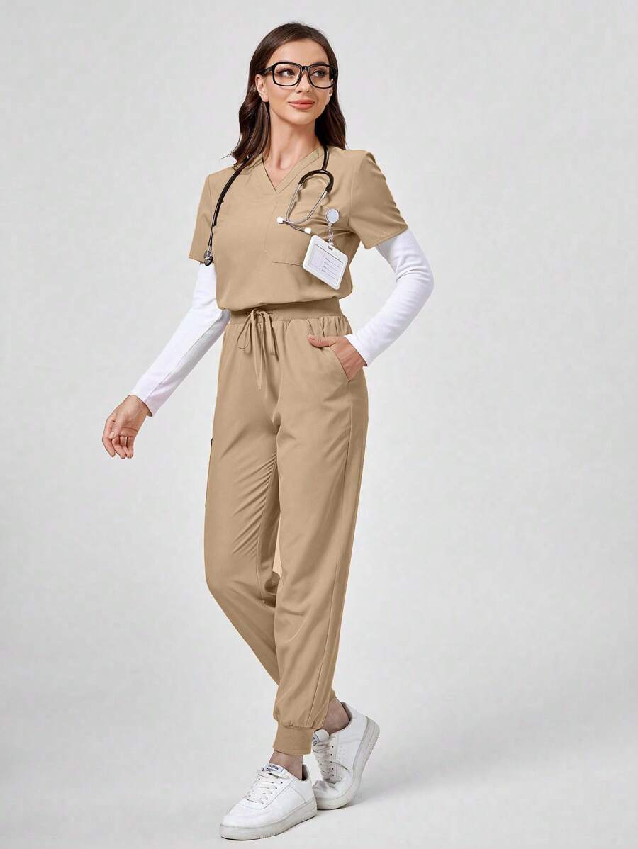 TaskEZ 2pcs Scrub Uniform Set, Loose Fit Short Sleeve Top And Drawstring Pants