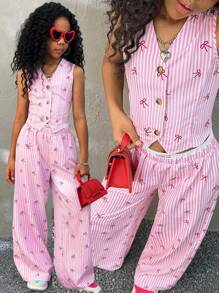 Coolane Kids Áo ba lỗ và quần dài màu hồng họa tiết sọc và nơ dễ thương cho bé gái tuổi mới lớn, trang phục hai mảnh, lễ tốt nghiệp - Hồng - Xem 6