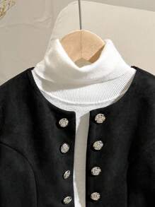 SHEIN 青少年女孩休闲时尚优雅复古风格罗纹圆领金属纽扣前长袖仿麂皮夹克，黑色 - 黑色 - 查看 6