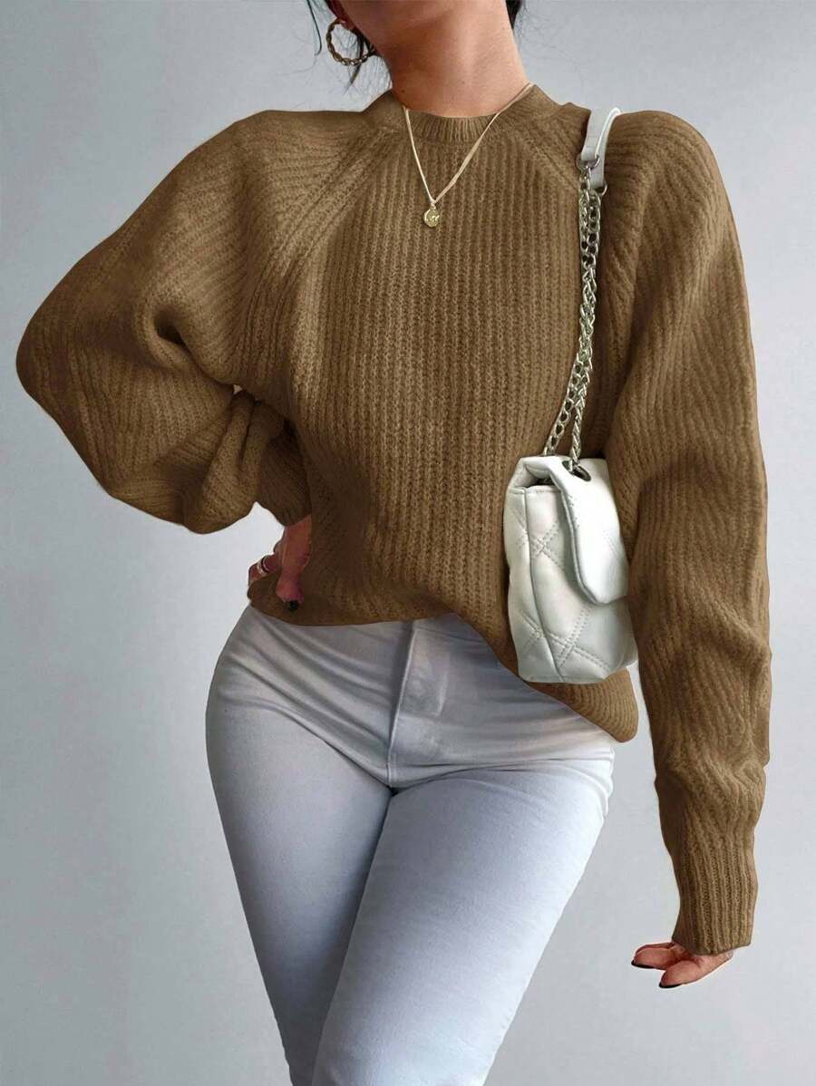 RueChic Solid Raglan Sleeve Jumper - Brown - View 1