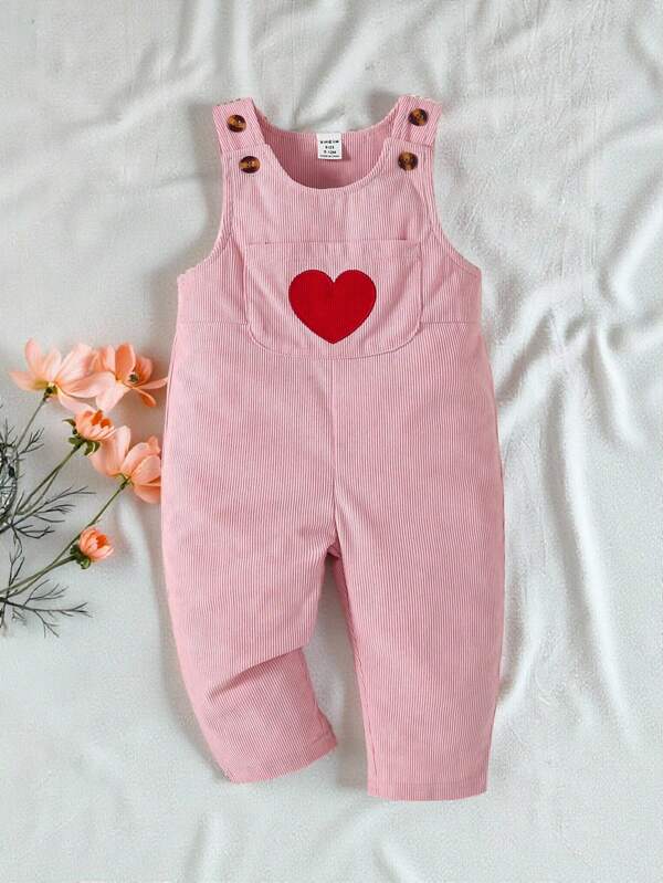 SHEIN Vintaside Kids Baby Girls' Casual Vintage Heart Embroidery Jumpsuit For Outing, Autumn And Winter