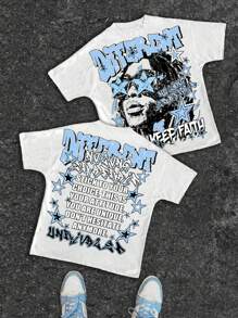 SHEIN 青少年男孩休闲时尚经典酷炫人物、星星和口号图案印花短袖圆领 T 恤，适合夏季 - 彩色 - 查看 2