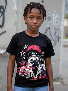 SHEIN 1pc Tween Boy Casual Hip Hop Character & Slogan Oversized Short Sleeve Black T-Shirt, Summer - Black - View 2