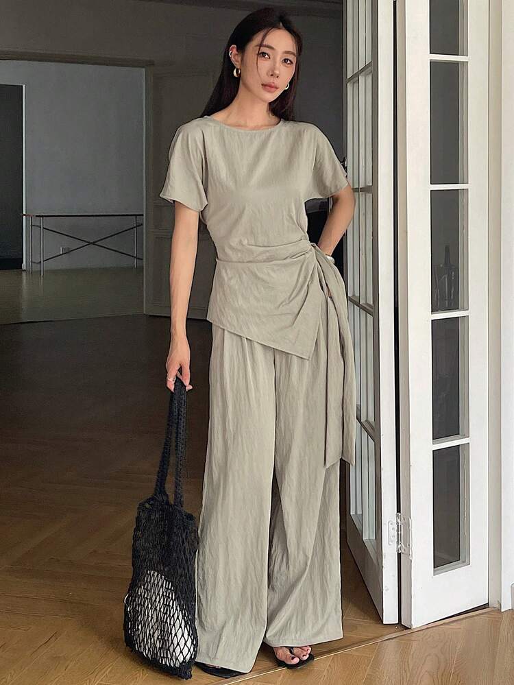 2pcs Women's Solid Color Loose Tie Front Crew Neck Shirt And Wide Leg Pants Set,Teacher Outfits