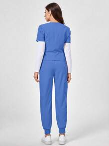 TaskEZ Scrub Uniform Set With Solid V-Neck Short Sleeve Top And Pockets Pants - Lake Blue - View 2