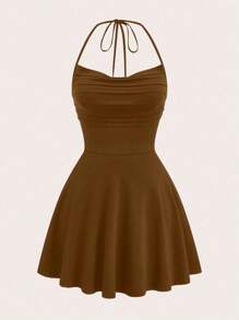 Sweetra Vestido de punto sexy con cuello drapeado y espalda descubierta para mujer de talla grande