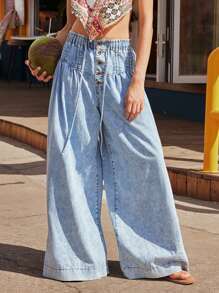 Bohemela Boho Deinm 女士休闲纯色梭织牛仔裤宽松女式度假装阔腿牛仔裤女式度假装 - 藍色 - 查看 10