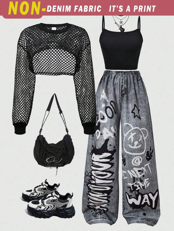 SHEIN Set 3 buc. fete, top scurt cu mânecă lungă din plasă, stil casual, maiou minimalist fără mâneci și pantaloni largi cu imprimeu de stele, potriviți pentru ieșiri și întâlniri