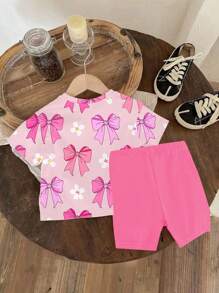 SHEIN Bộ quần short bó dệt kim in hoa và nơ cổ tròn cho bé gái sơ sinh, trang phục đi biển mùa hè - Nhiều màu - Xem 2