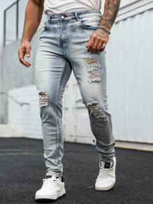 Manfinity LEGND 大码男士休闲时尚街头破洞纽扣牛仔裤 - 淺色水洗藍 - 查看 4