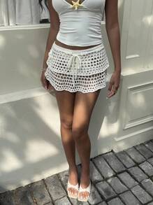 Sunnyshic Fustă tricotată pentru femei, cu model floral, scobită în scobituri, pentru plajă și litoral