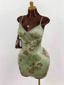 Amplova Đầm ôm sát cơ thể lưới in họa tiết hoa cổ điển chắp vá ren - màu xanh lá - Xem 6