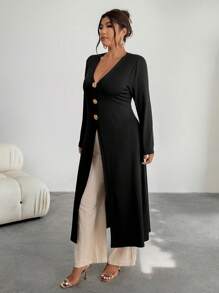 Firerie Plus Size Casual Solid Color Long Jacket Winter Fall Autumn - Black - View 7