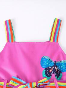 Tween GirlsMinimalist Fashion Butterfly Print White Camisole Dress With Rainbow Striped Waist Belt, Suitable For Summer Outings