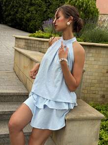 Aloruh Vestido corto para mujer con cuello de halter, volantes y estampado floral jacquard