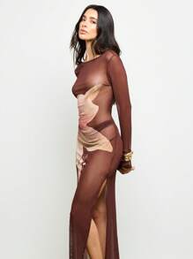 AiiRZ 长袖网眼长裙露背晚礼服抽象花卉印花婚礼招待会派对礼服正式舞会礼服 - 棕色 - 查看 4