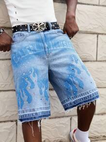ROMWE MEN Street Life Pantalones cortos vaqueros de hombre con decoración de rhinestones e impresión, aptos para primavera/verano - Azul - Ver 7