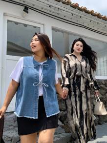 Dazy Plus Conjunto de 2 piezas de blusa holgada con estampado floral y falda para talla grande, estilo casual de resort para otoño/invierno