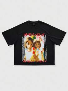 ROMWE MEN Anime Camiseta de manga corta con cuello redondo y estampado de dibujos animados informal para hombres, de verano - Negro - Ver 1