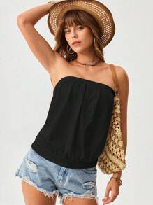 SHEIN LUNE Plus Size Women Solid Color Tube Top Casual Sleeveless Shirt For Summer Black Strapless Top Black Tube Top Strapless Tops For Women Black Eyelet Top