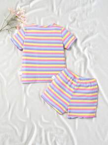 SHEIN Vintaside Kids Baby Girls' Colorful Striped Short Sleeve T-Shirt And Shorts Set