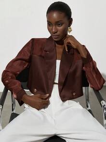 Aveloria Modichic Versatile Elegant Commute Simple Fashion High-End Organza Satin Patchwork Translucent Metallic Button Decor Women Short Lightweight Blazer - Coffee Brown - View 1