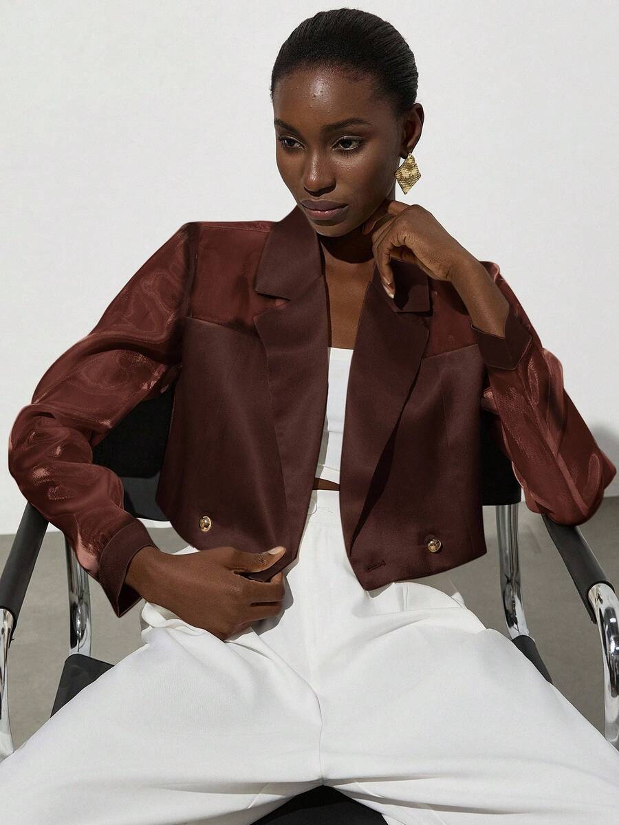 Aveloria Modichic Versatile Elegant Commute Simple Fashion High-End Organza Satin Patchwork Translucent Metallic Button Decor Women Short Lightweight Blazer - Coffee Brown - View 1