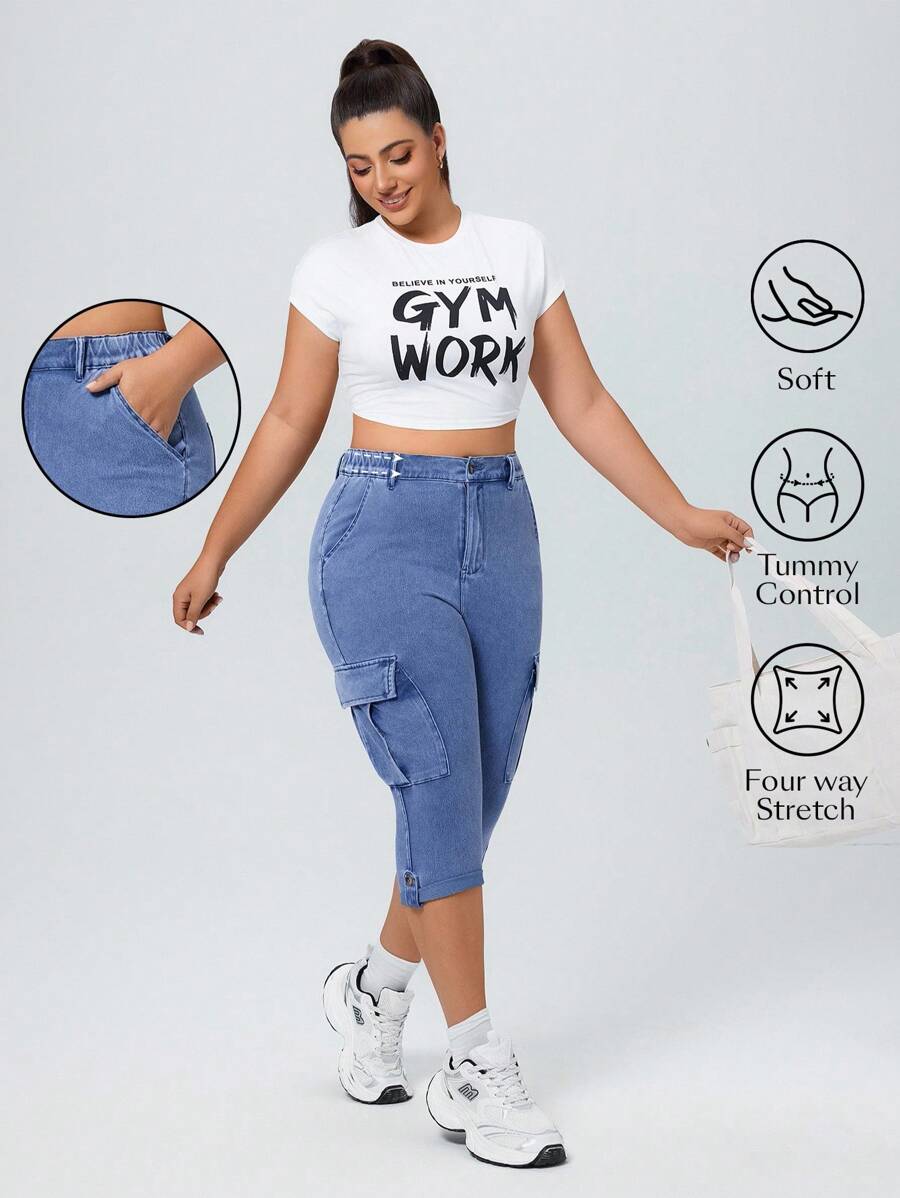 SHEIN Unity Plus Size High Waist Casual Capri Denim Jeans, Summer - Blue - View 1