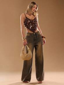 SHEIN BAE 休闲女式亮片吊带不对称下摆针织上衣，上衣，女士夏季穿搭，夏季上衣，女士度假穿搭，女士沙滩装，露脐上衣，女士上衣，沙滩毛衣，吊带上衣，钩针上衣，秋季毛衣，秋季女装，秋季穿搭，秋季服装，可爱校园上衣，秋季性感上衣，露背上衣，女士秋季服装，秋季毛衣，秋季女装，万圣节毛衣，性感夜店装