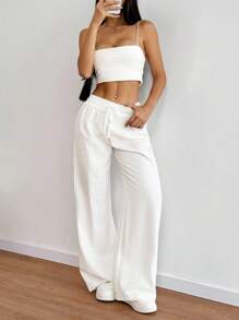 Sweetra 女式亚麻松紧腰阔腿直筒裤，休闲度假风格，春夏