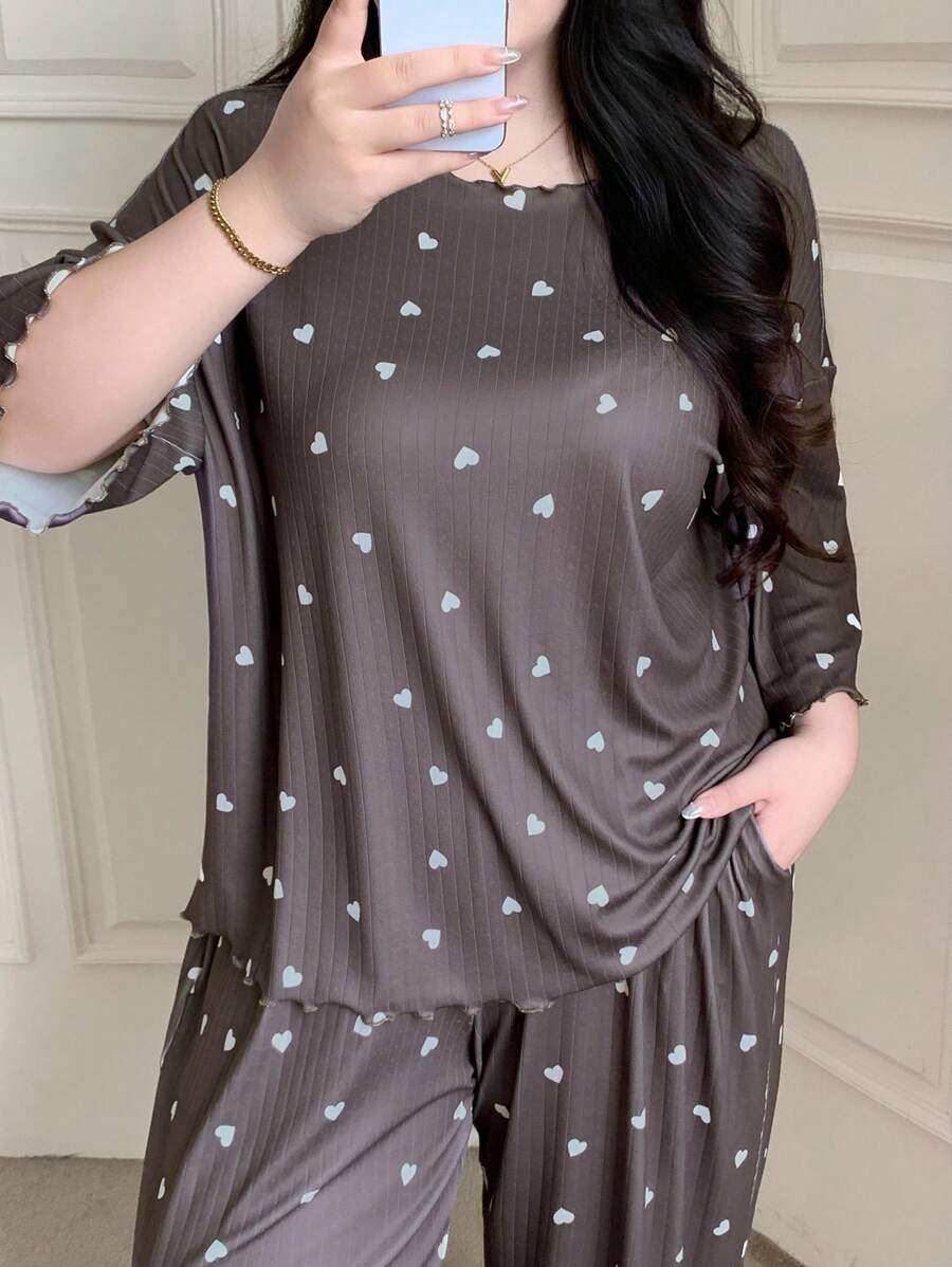 Dazy Plus 心形印花宽松短袖 T 恤和松紧腰裤套装、家居服和睡衣套装 - 棕色 - 查看 1