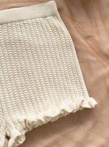 Soleia 女士度假休闲荷叶边珍珠金属扣装饰抹胸和荷叶边针织短裤套装，适合派对、约会、分层穿着或外套 - 杏色 - 查看 6