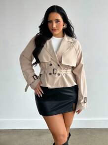 Firerie Áo khoác ngắn cổ đứng màu kaki cỡ lớn cho nữ có túi thắt lưng - Màu Khaki - Xem 4