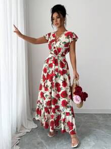 Elenzga 夏季新款优雅V领盖袖系带腰连衣裙