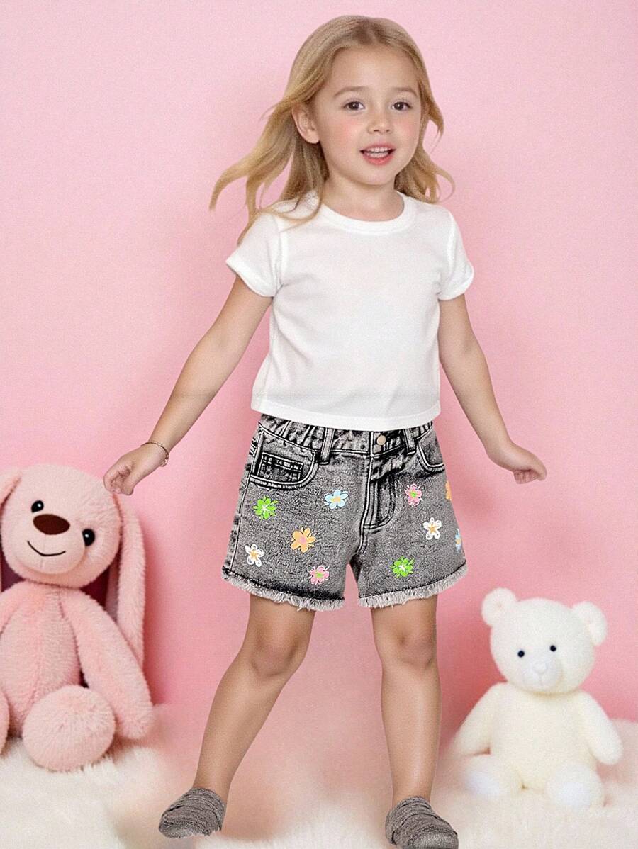 Pantalones cortos vaqueros de verano para niñas pequeñas con estampado floral colorido, cintura elástica suelta y dobladillo con volantes, en negro y gris