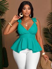 SOLERSUN 大码女装春夏宽松休闲纯色荷叶边肩带不对称下摆长衬衫吊带上衣适合日常穿着海边度假 - 綠色 - 查看 1