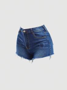 Teen Girls' Casual Washed Distressed Denim Shorts, Summer - Dark Wash - View 2