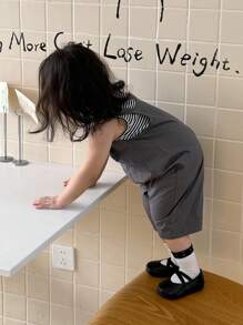 Dazy Kids 2pcs/Set Baby Girls Striped Sleeveless Top + Overalls Set - Grey - View 2