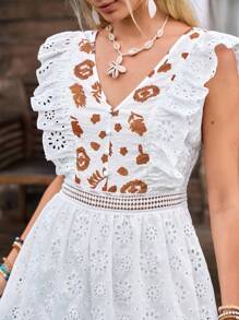 LanaWest New Design Women's V-Neck Embroidered Fabric Ruffle Hem Patchwork Bohemian Elegant Dress - Multicolor - View 3