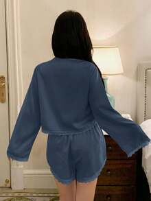 DAZY Women's Romantic Lace Patchwork Satin Tie-Front Top And Super Shorts Pajama Set, Fall Winter Clothes - Royal Blue - View 2