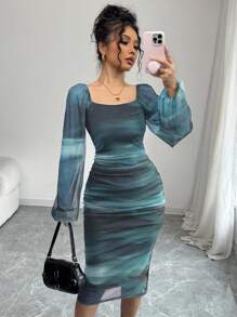 Rafferiza Women's Leopard Print Long Sleeve Mesh Long Dress, Casual Commuter, Graduation Outfit Fall Cloth For Women