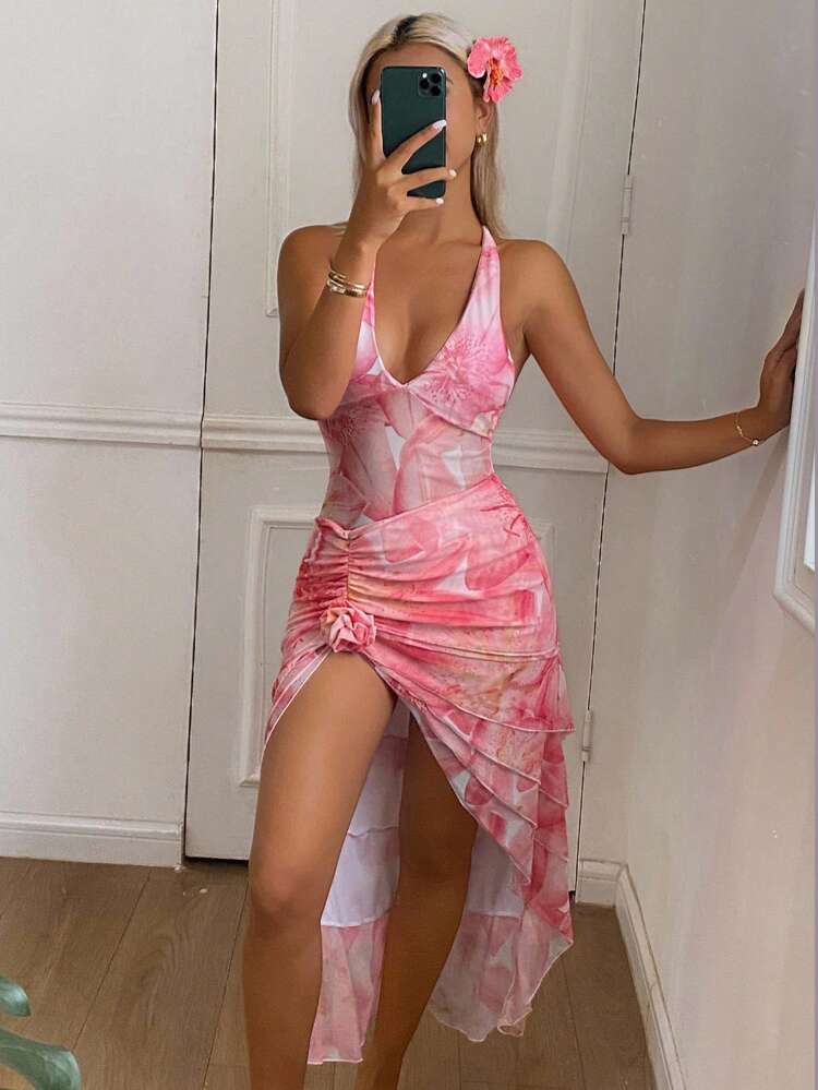 Women's Floral Print Ruffle Halter Neck Beach Dress Vacation Maxi Dress Cruise Outfit For Women