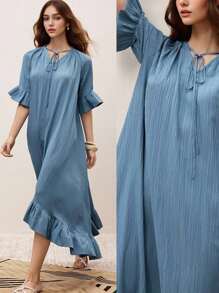 Modelyn Vestido con cuello en V con volantes para mujer, estilo de vacaciones - Azul - Ver 2