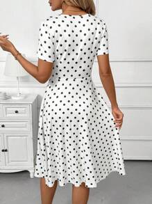 SHEIN Clasi Women's Polka Dot Print V-Neck Casual Short Sleeve Mid-Length Summer Dress