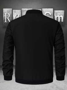 Manfinity Homme Men Black Fabric Bomber Jacket With Long Regular Sleeves And Zipper Closure For Everyday Wear , Fall