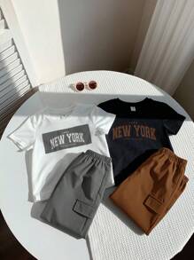 SHEIN 4 件套儿童男童休闲学院风字母印花圆领 T 恤和宽松松紧腰梭织裤套装，适合学校、花园、海滩、生日、春季、夏季、秋季、冬季 - 彩色 - 查看 6
