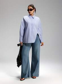 LYSMO Plus Size Solid Color Asymmetric Hem Button Up Casual Long Sleeve Shirt - Blue - View 1