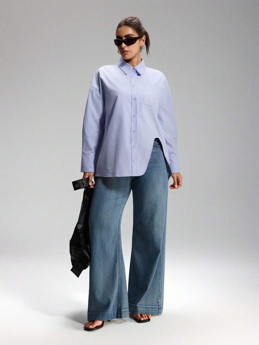 LYSMO Plus Size Solid Color Asymmetric Hem Button Up Casual Long Sleeve Shirt - Blue - View 1